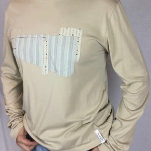 Incredible Produx Designer's Top beige crew neck long sleeves light sand patches